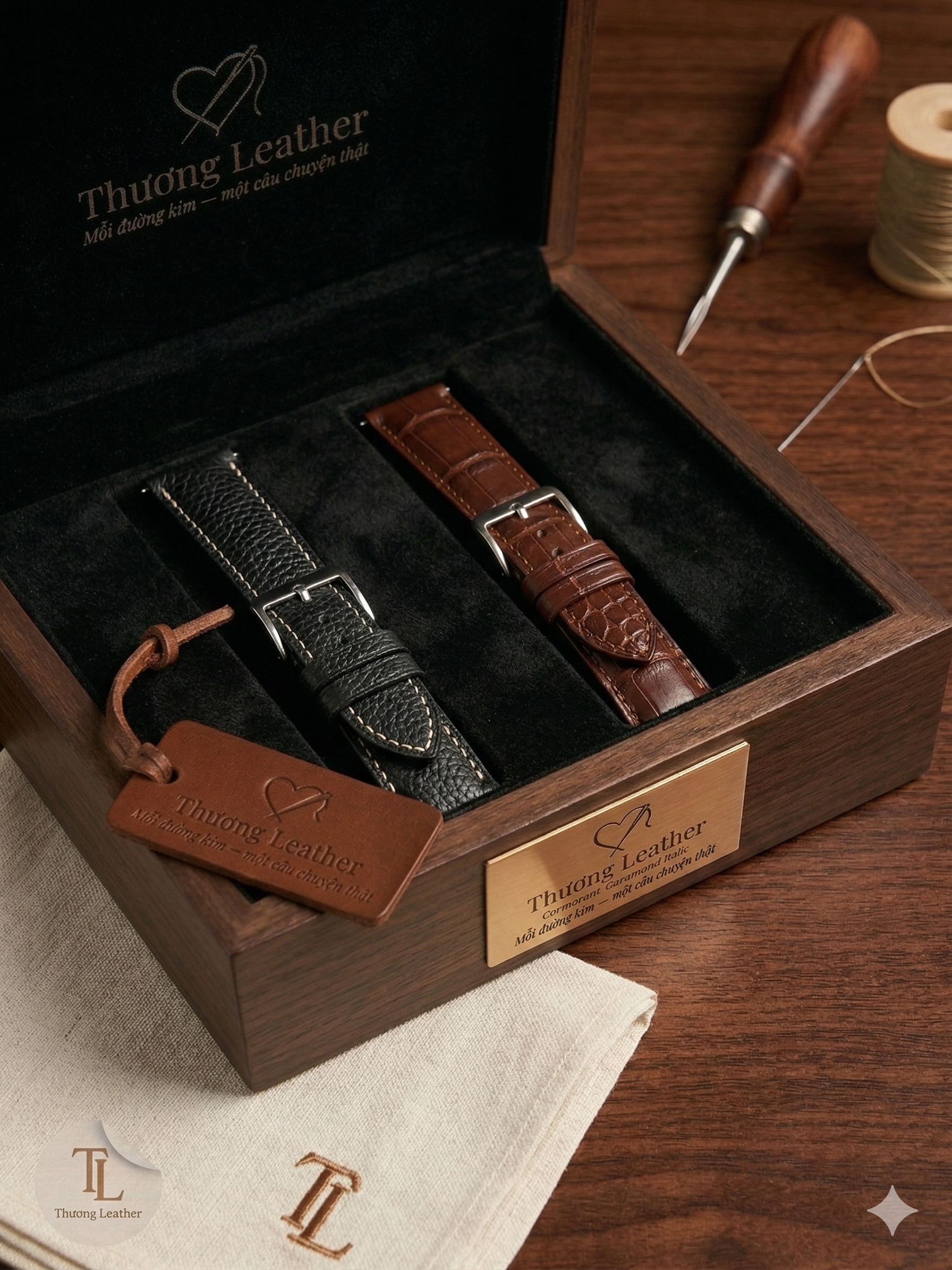 Strap Set hộp gỗ đen — Pebble & Cá sấu